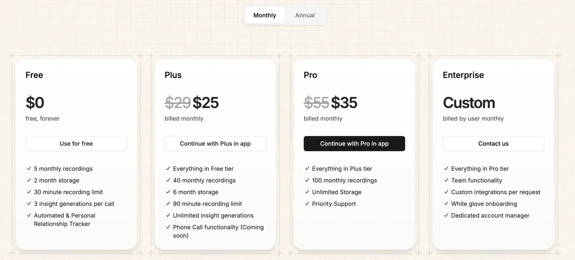 Sonnet Free, Plus, Pro, and Enterprise pricing table