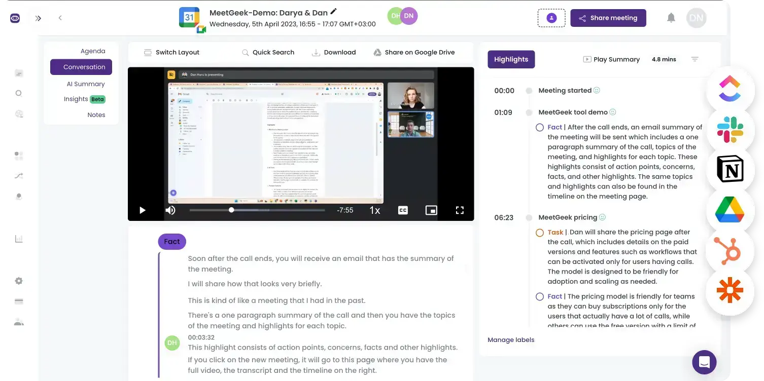 MeetGeek meeting workspace with video playback, transcript, and AI summary