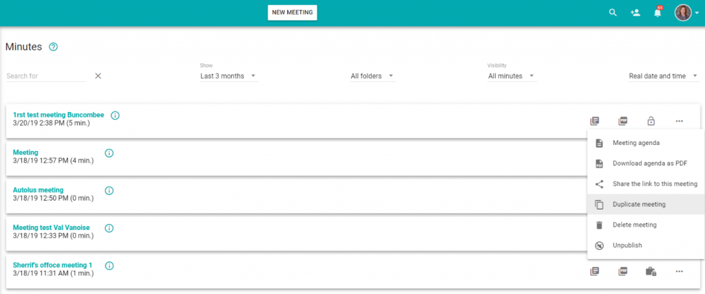 Beenote meeting-minutes list with meeting actions and export menu