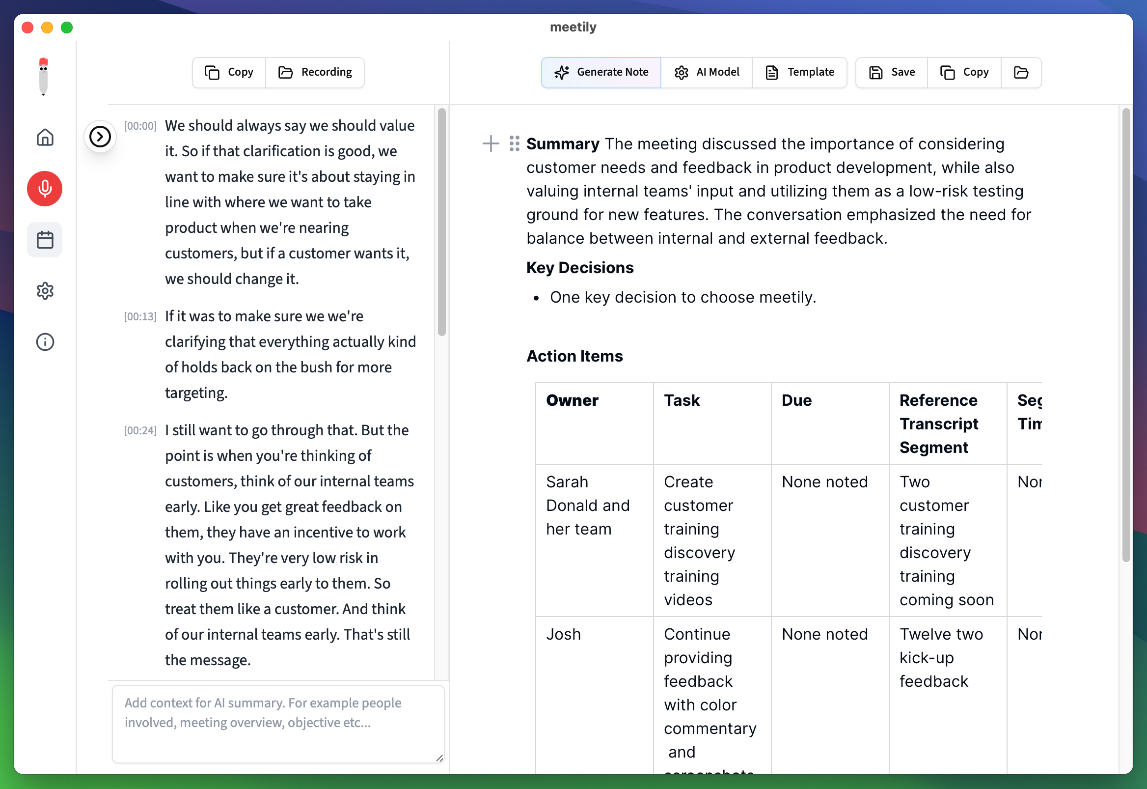 Meetily interface showing a timestamped transcript beside a generated summary, decisions, and action items