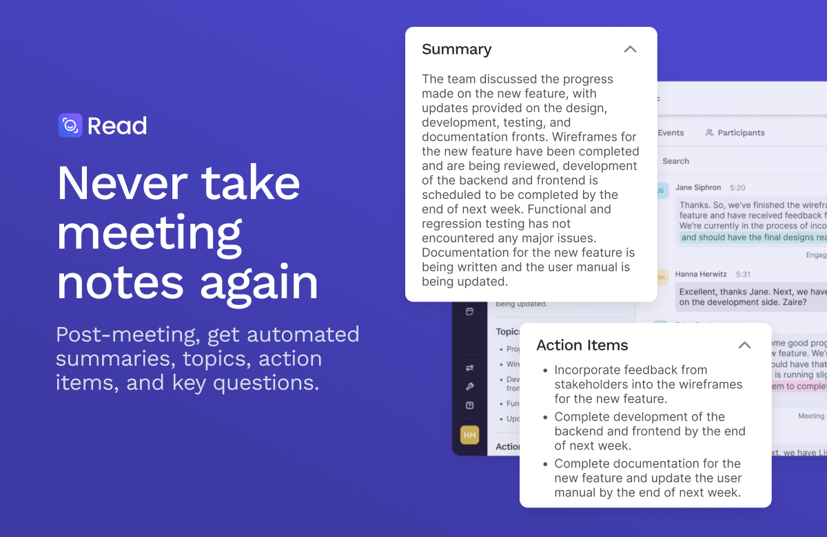 Read AI meeting summary with generated summary, action items, and transcript context